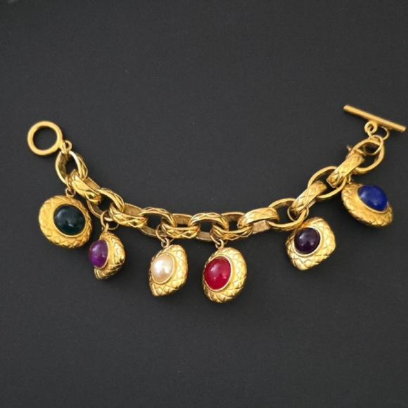 Vintage Gold Tone Multi-Color Charm Bracelet - Picture 2 of 8